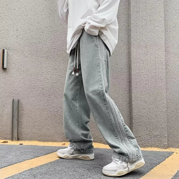 men jeans straight leg jeans boys american fashion wash old side stripes wide leg pants autumn vintage overalls urban skinny jeans