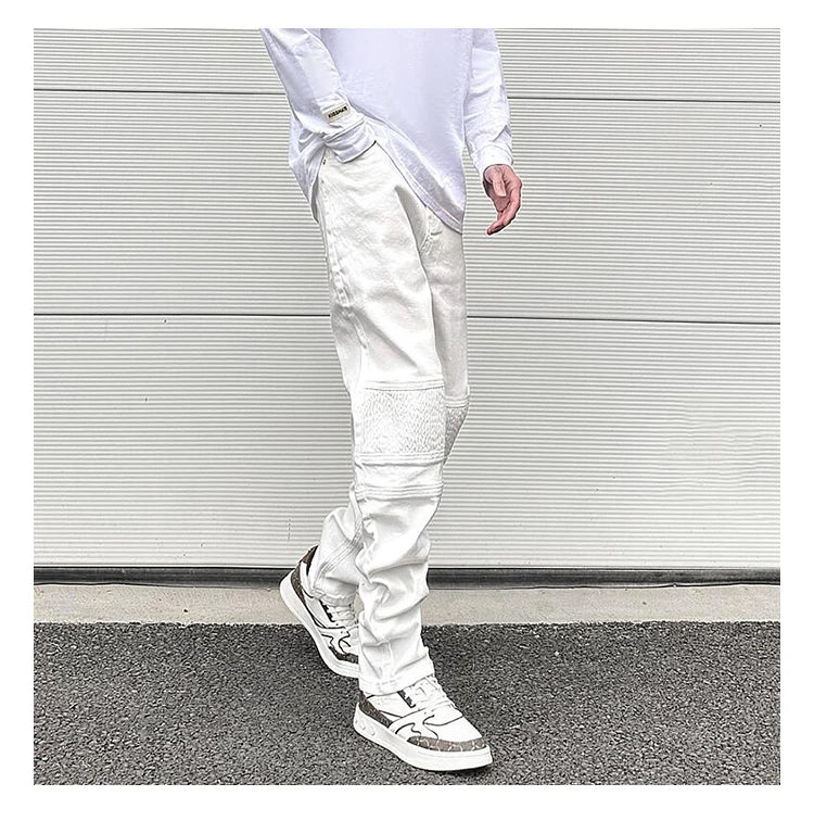 high street white knee pleated vertical stripe elastic fit skinny jeans male casual small leg jeans pants slim mens clothing unique jeans style 3665
