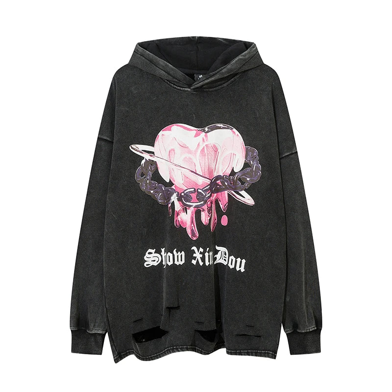 cyberpunk crying character featuring fashion harajuku printed hoodies hip hop retro washed bottom ripped sweatshirt streetwear mens hooded warm fleece loose hoodies
