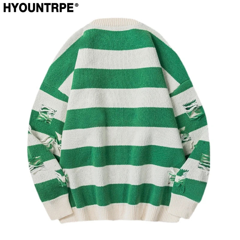 hip hop destroyed ripped holes knitted sweater mens casual striped pullover sweater unisex harajuku streetwear new autumn jumper - trendy hip hop fashion hoodie, graphic printed hoodie for men and women, oversized streetwear hoodie