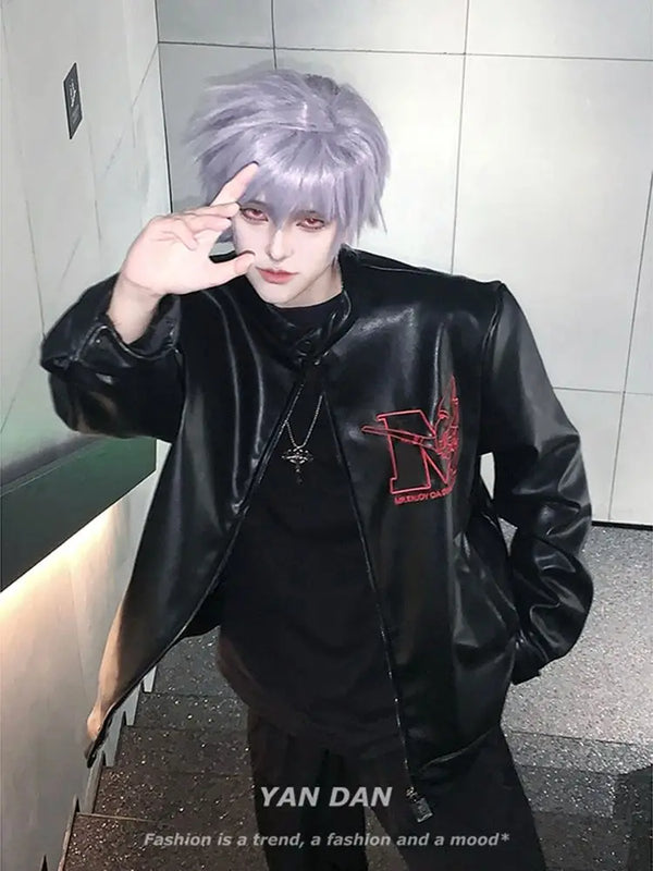 Harajuku Retro Vintage EVA Leather Jackets American High Street Handsome High End Stand up Collar Motorcycle Suit Men Clothing