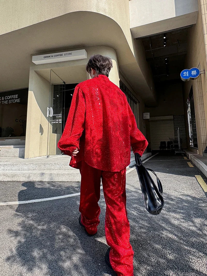 mens sequin 2 piece sets loose casual long sleeve shirt pant stage fashion party show clothing dress shirts trousers costumes menswear bottoms