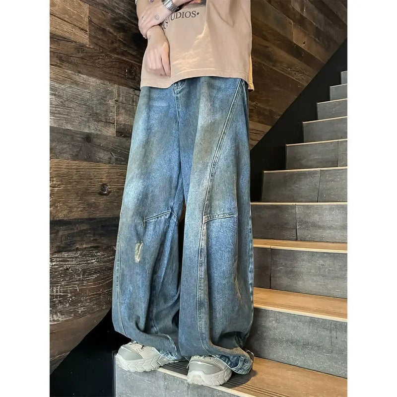 american style dirty and torn hole design straight leg wide leg jeans for men and women high street loose street casual pants vintage washed jeans