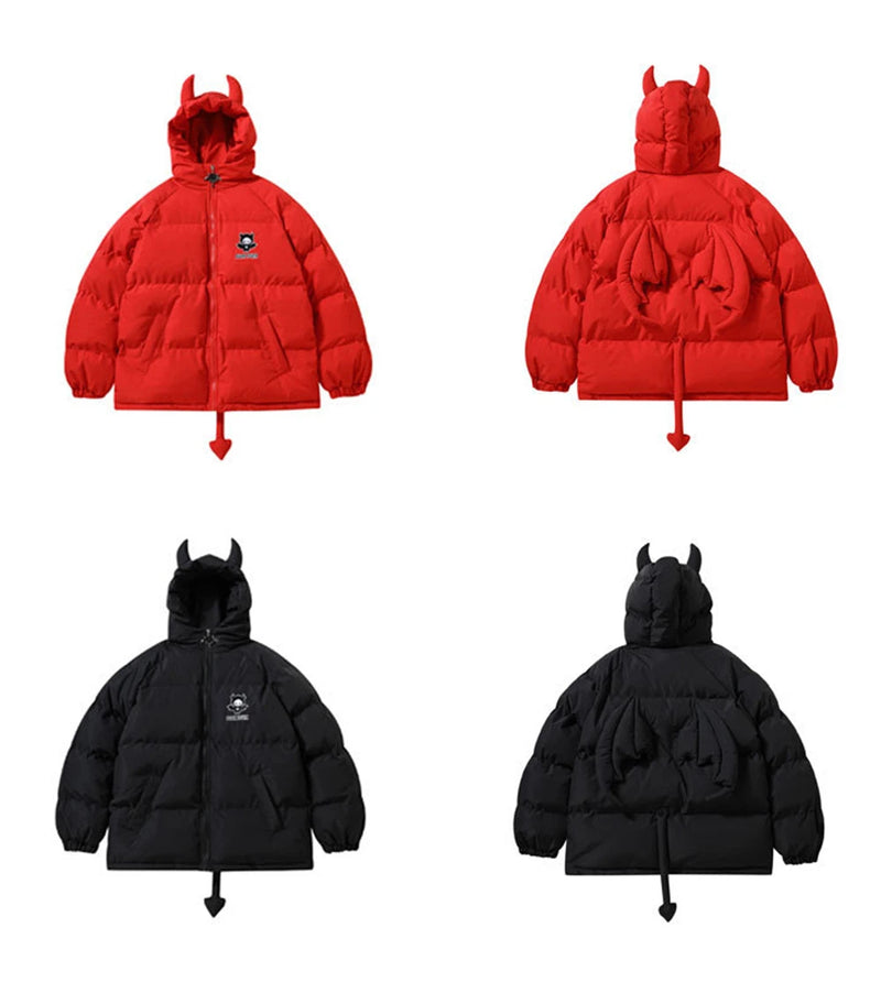 Devil Horn Hooded Jacket Parka with Bag 2023 Winter Streetwear Thick Warm Bubble Padded Coats Harajuku Casual Puffer Jackets