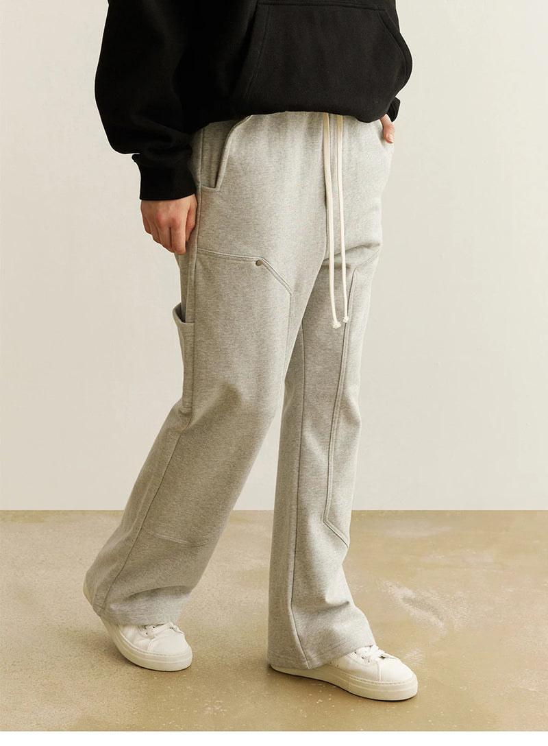 american streetwear gray flared sweatpant men double knee patch micro flare overalls harajuku casual patchwork sweat pants black unique joggers style 2952