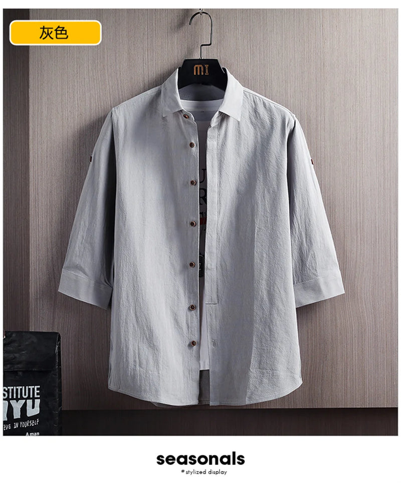 Wetailor New Summer Hot Sale Men's Short Sleeve Shirts Solid Color Easy Care Comfortable Stand-Up Collar Casual Beach Style