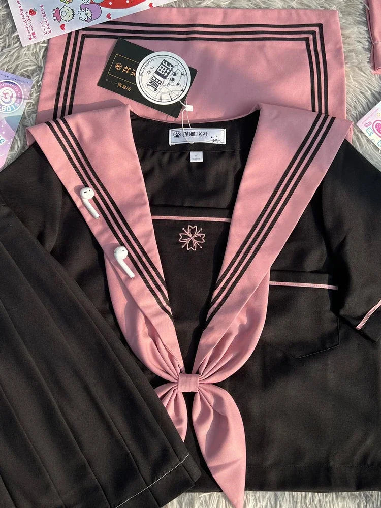 JK Original Kawaii Suit Japanese Genuine Cherry Blossom Embroidered Top + Dark Bad Jk Uniform Skirt Girly Sailor Suit