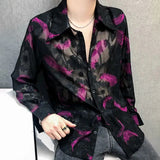 Mens Feather Embroidery Sexy Mesh Perspective Long-Sleeved Shirt Autumn Genderless Fashion Nightclub Hollow Thin Top Unisex