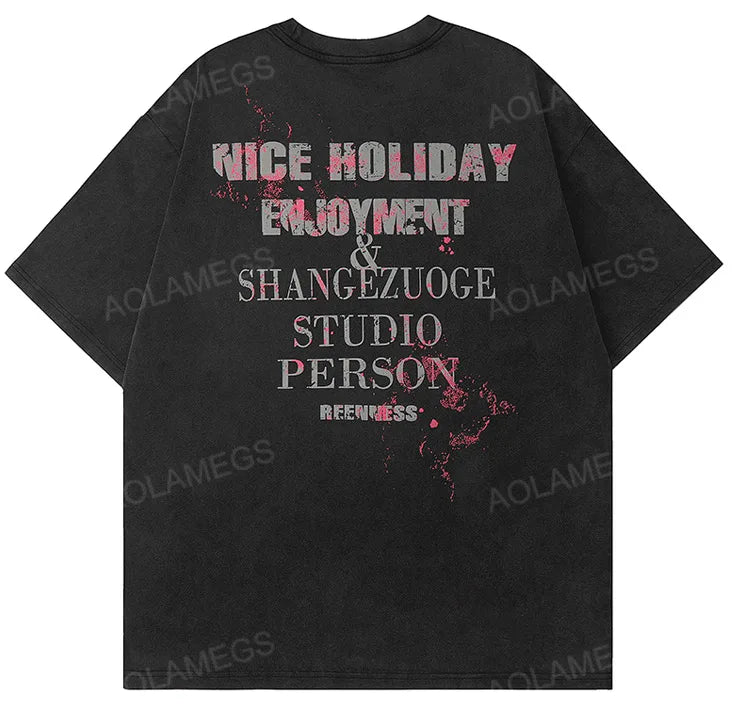 Sadcore Melting smiley – Men Gothic Retro T Shirt Abstract Letter Print Short Sleeved