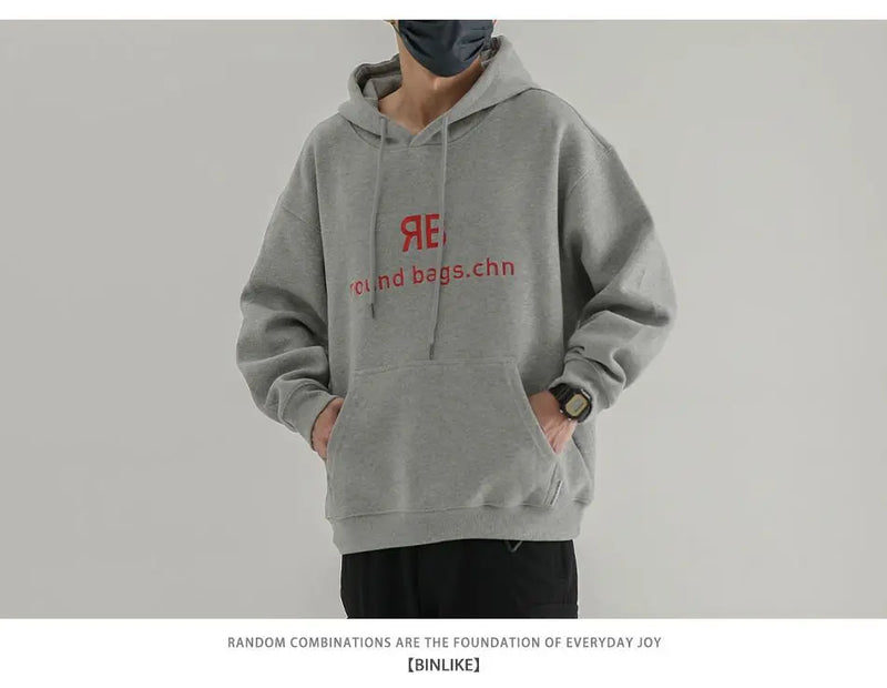 Fashionable Korean Personalized Hooded Sweatshirt Men's Letter Autumn and Winter Tops Japanese Casual Loose Pullover Jacket Tops