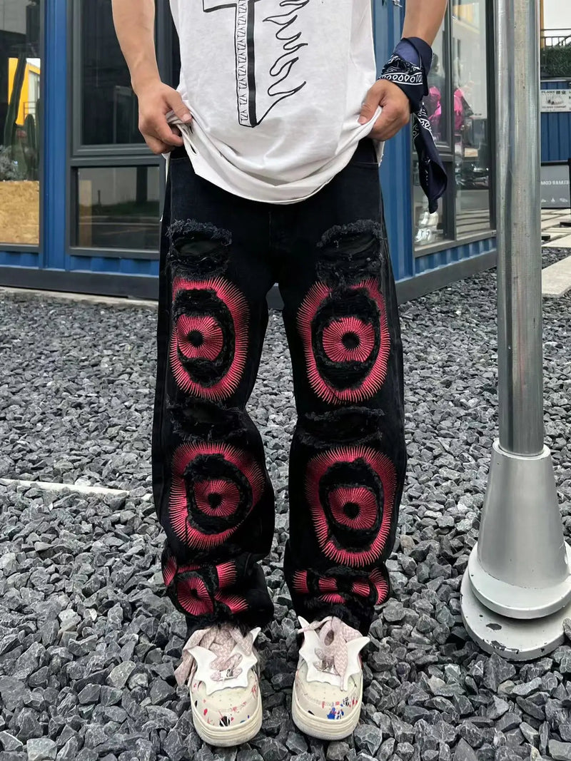 fashion ripped holes denim jeans harajuku embroidery straight jean trousers y2k trouser unisex hip hop streetwear jeans pants unique jeans style 2284