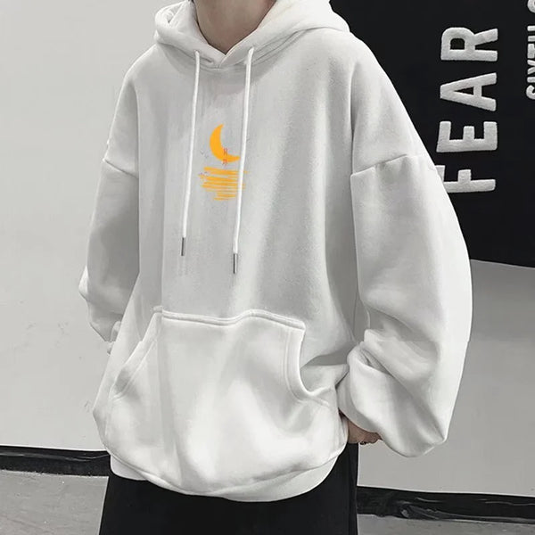 Cartoon Moon Graphic Hoodies Men Casual Hip Hop Streetwear Fleece