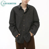 Korean Fashion Button Shirt – Mens 2024 Autumn Checkered Fake Two Piece Collar Shirt Casual Chic Loose Vintage High Street All Match Button Down Shirts | Button Shirt Drop #237