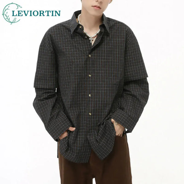 Korean Fashion Button Shirt – Mens 2024 Autumn Checkered Fake Two Piece Collar Shirt Casual Chic Loose Vintage High Street All Match Button Down Shirts | Button Shirt Drop #237