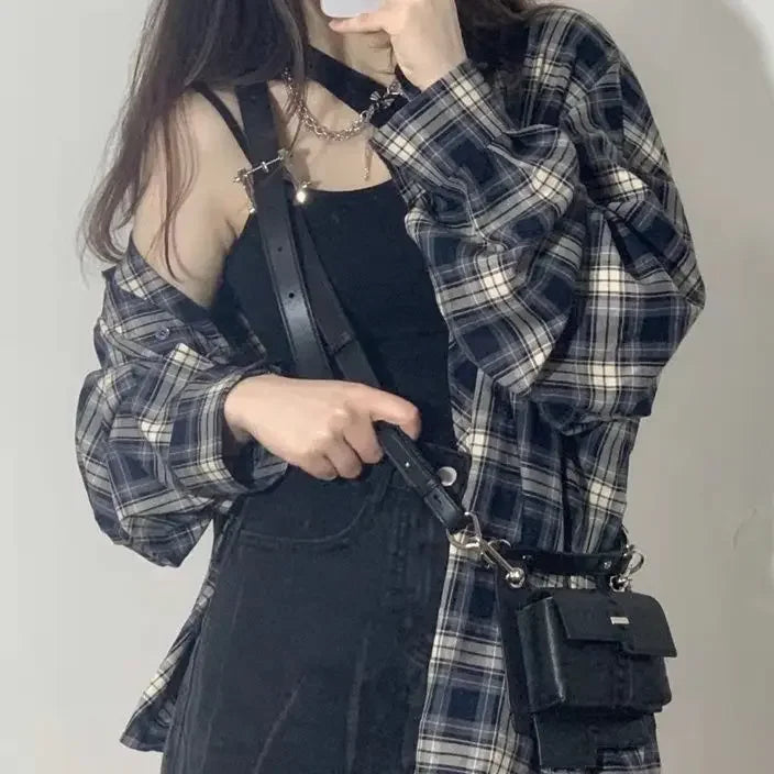 Power Wear Plaid Shirts Women Idle Sle Retro Cardigan Shirt Outerwear Long sleeve Top Spring and Autumn New women shirt blouses