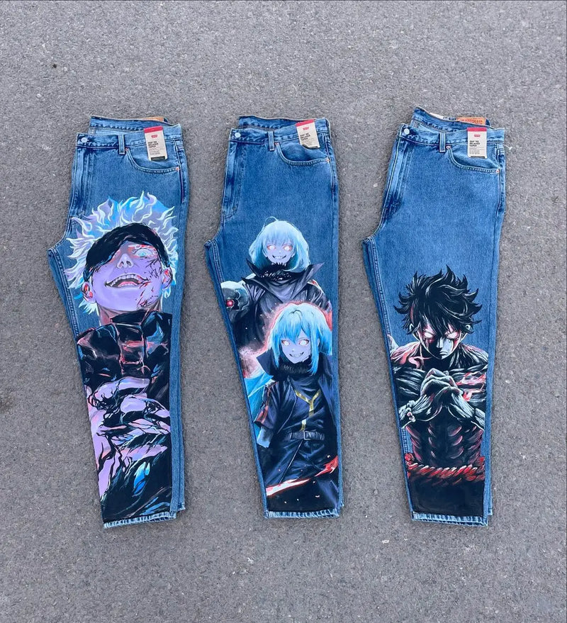 harajuku y2k style blue popular anime graphic wide leg jean fashion streetwear denim mens jeans couples high waist pants ripped baggy denim