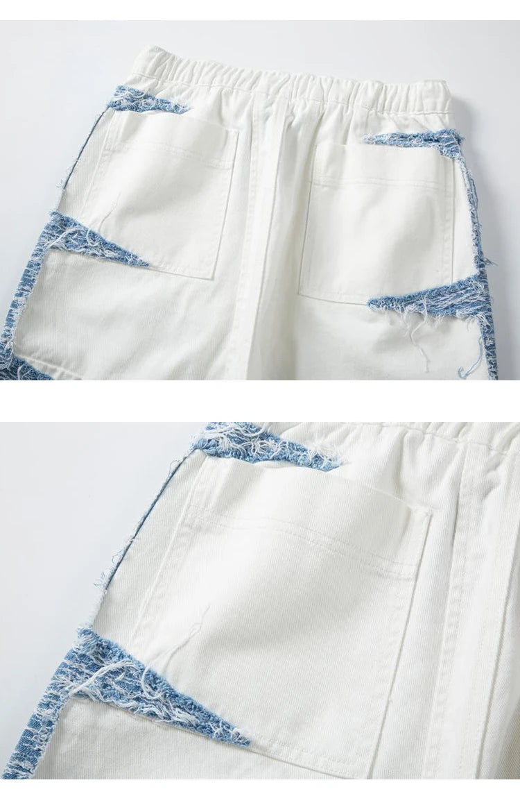 Mens High Street Denim Jean Shorts Casual Loose Destroyed Ripped Holes Loose Shorts Patchwork Hip Hop Streetwear Short Joggers