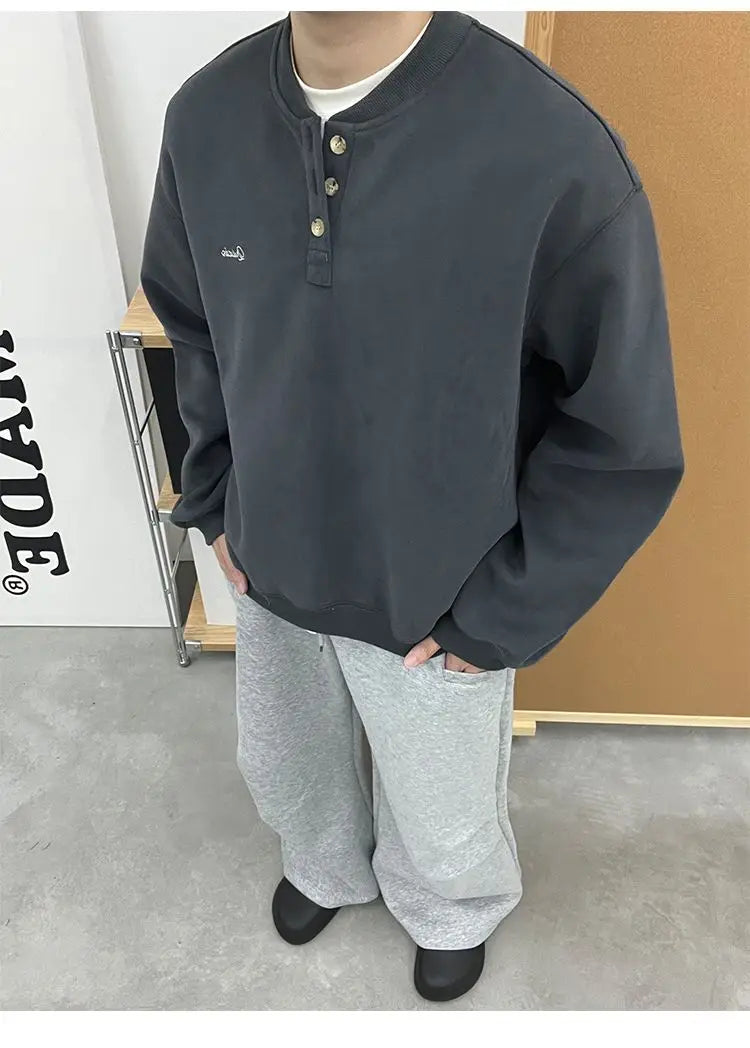 Trendy Korean Retro Ins Simple Boyish Henry Collar Sweatshirt Men and Women Street Niche Y2K Loose Casual Long-sleeved Top