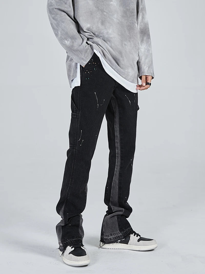 vintage streetwear flared jeans denim hip hop splashing ink wide leg jean overalls for men fashionable retro patchwork jeans y2k unique jeans style 491
