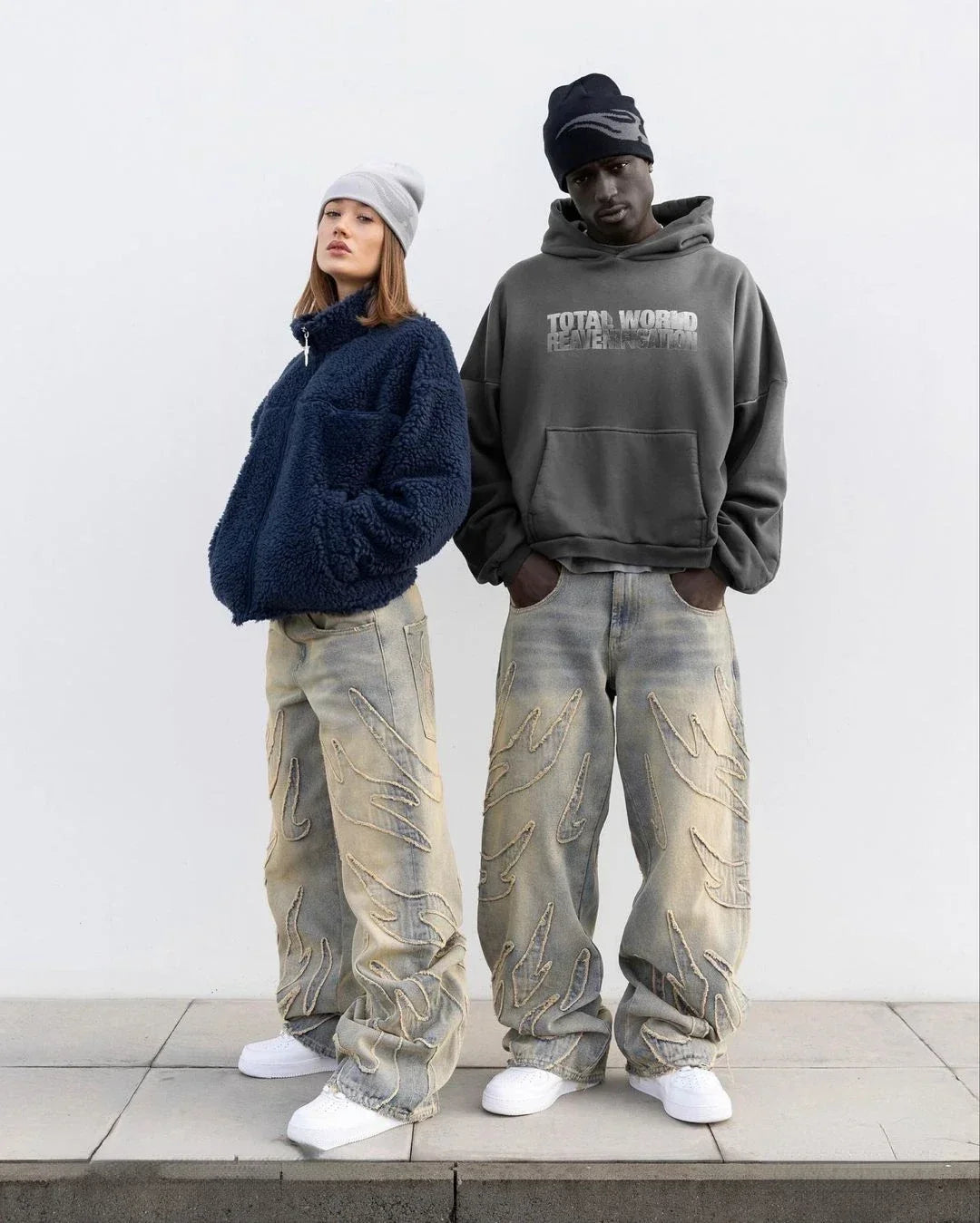 american gothic patchwork raw edge embroidered letter jeans mens street hip hop harajuku high waisted wide leg pants womens unique jeans style 1802