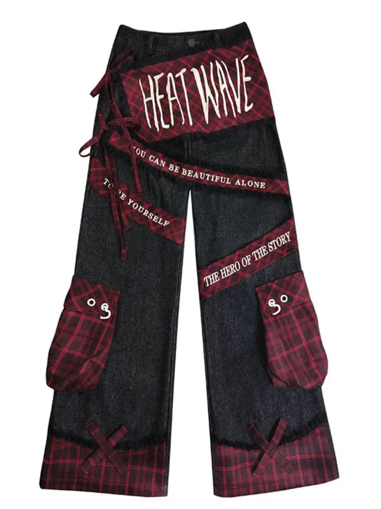 embroidered patchwork red checkered multi pocket jeans with high waist and slimming effect floor length pants baggy jeans women unique jeans style 2589