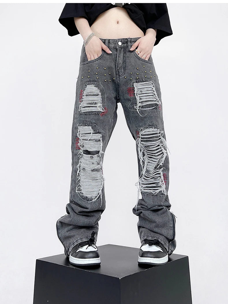 destroy ripped holes patchwork denim jeans men unisex casual rivet bottom zipper trousers jeans streetwear hip hop pants joggers unique joggers style 3637
