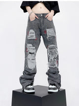 destroy ripped holes patchwork denim jeans men unisex casual rivet bottom zipper trousers jeans streetwear hip hop pants joggers unique joggers style 3637