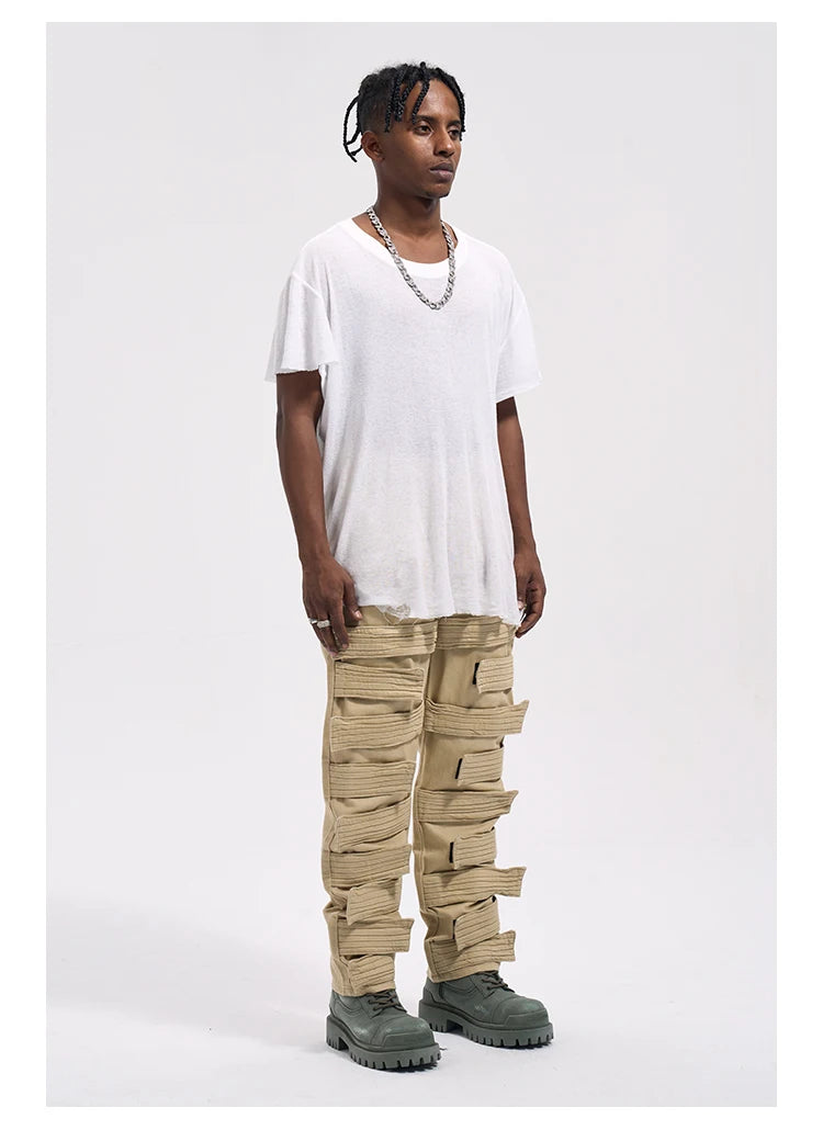 fashion velcros denim jean pants streetwear mens new casual hip hop streetwear tactical straight trousers joggers men y2k pants unique joggers style 3679