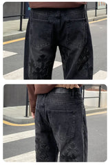 men embroidery streetwear brand fashion hip hop loose casual straight motorcycle denim jeans pant cityboy y2k jeans trousers unique jeans style 2490