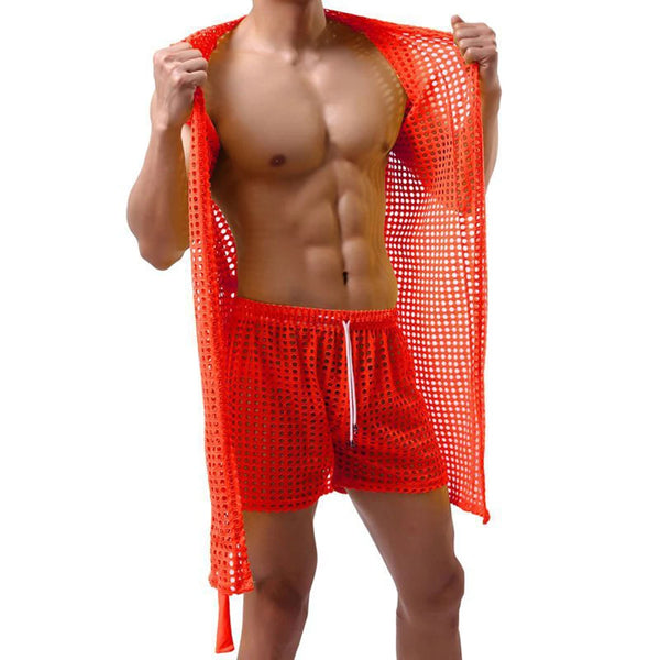 Men Robes Brand Male Sexy Bathrobe Sleepwear Sleeveless Bath Robe Sleep Lounge Badjas Cutout Cardigan Loungewear Mesh Menswear