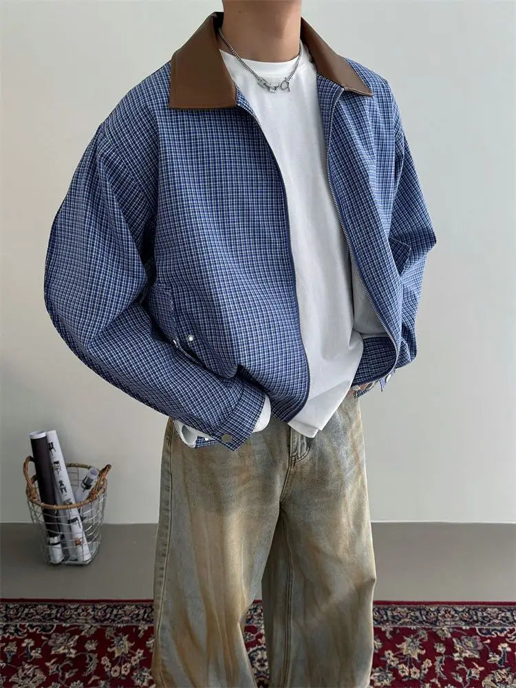 Fashionable Korean Style Personalized Plaid Short Jacket for Men 2024 Spring Autumn New High End Ins Stitching Leather Jacket