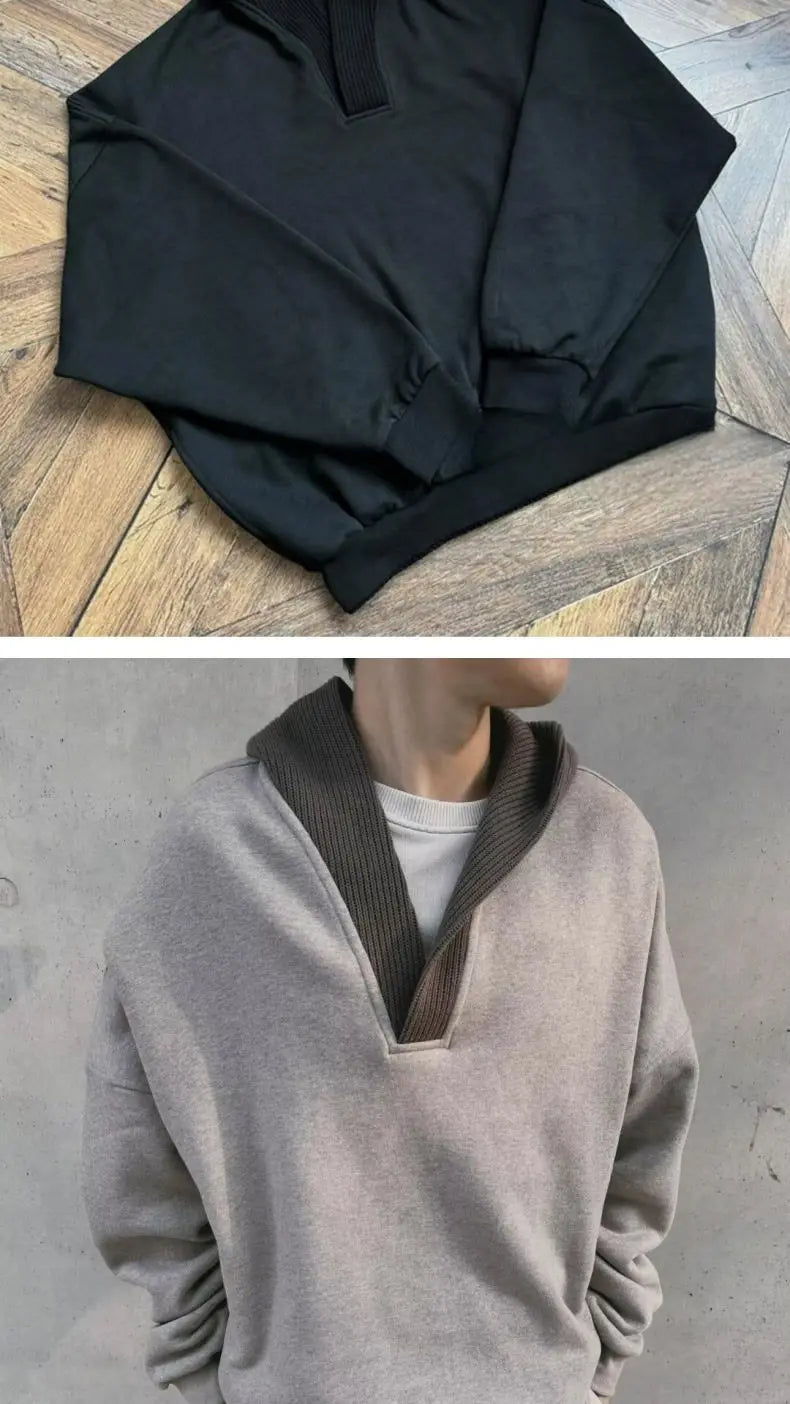 Trendy Korean Street Gray Sweatshirt Men's Spring and Autumn Knitted Ins Stitching Personalized Design Retro Top Hooded Jacket