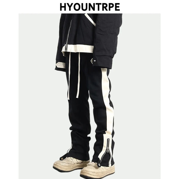 hip hop loose fit elastic waist pants fashion streetwear pants men casual loose bottom zipper drewstring sportwear pants joggers streetwear sweatpants
