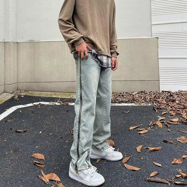 2023 new fashion side zipper hip hop men stretch jeans pants streetwear washed retro straight women denim trousers ropa hombre ripped baggy denim