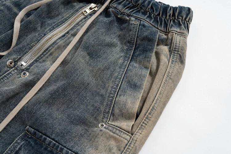 fashion denim baggy cargo jean pants men hip hop elastic waist wide legs retro washed jeans side pocket streetwear jeans joggers unique joggers style 4497
