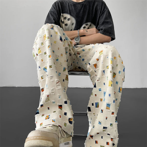 cotton casual pants men fashion retro colored plaid pants men streetwear hip hop loose hollow out pants mens hole trousers m 3xl menswear bottoms
