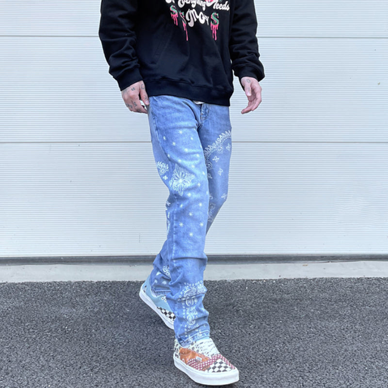 mens high street paisley print denim jeans casual hip hop distressed jeans slim fit skinny denim pants joggers streetwear men unique joggers style 1229