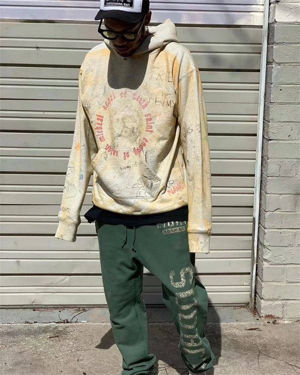 2024 New Arrival Vintage SM Brand Fashion Hand painted Graffiti Vintage ripped distressed hoodie Sweatshirt