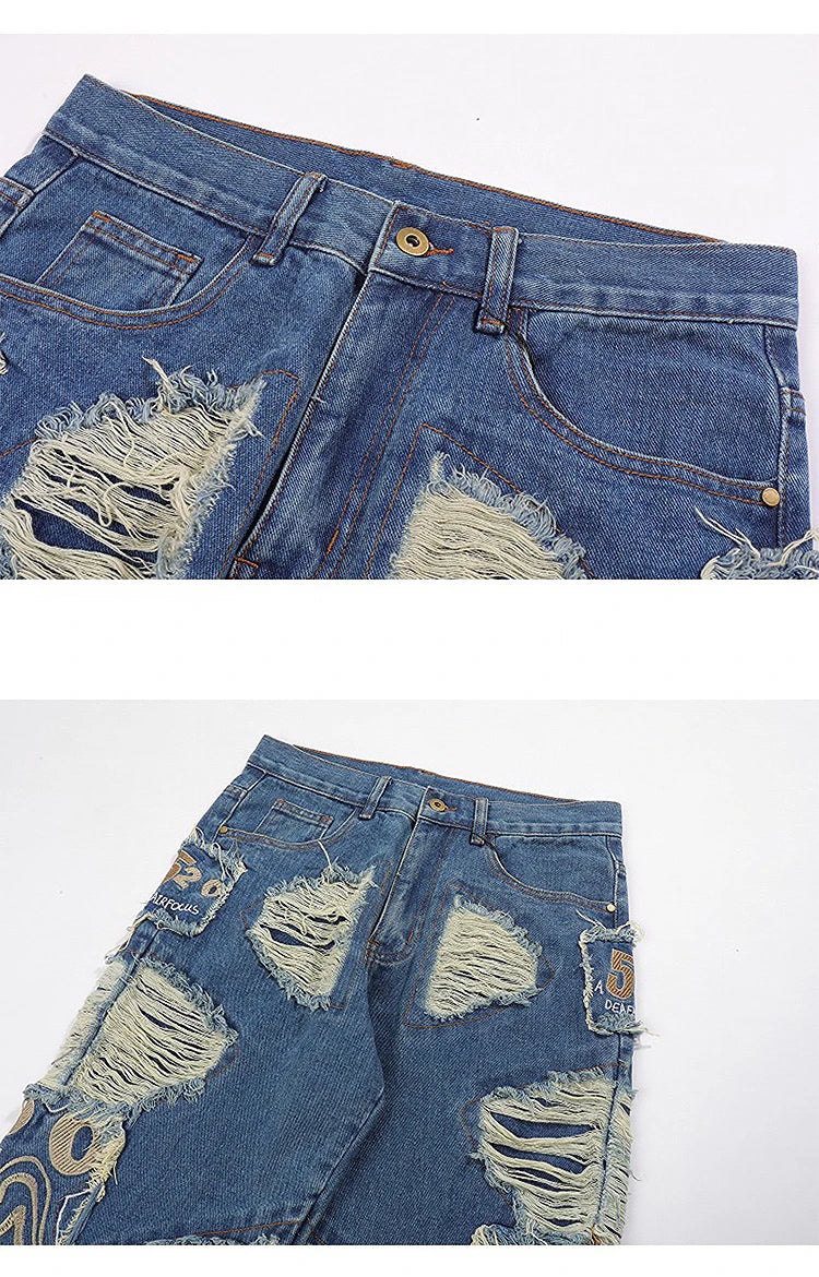 fashion embroidery destroyed ripped tassel holes denim jean pants mens casual loose straight jeans hip hop streetwear joggers unique joggers style 4353