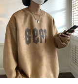 Suede Korean Trendy Round Neck Sweatshirt for Men American Retro Print Trendy Brand Autumn Loose Couple Wear Jacket Tops