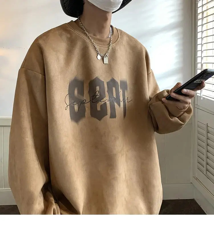 Suede Korean Trendy Round Neck Sweatshirt for Men American Retro Print Trendy Brand Autumn Loose Couple Wear Jacket Tops