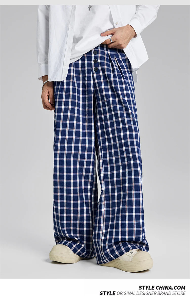 men women american streetwear fashion loose plaid wide leg straight pant boyfriend button down sports casual pants trousers unique default style 1433