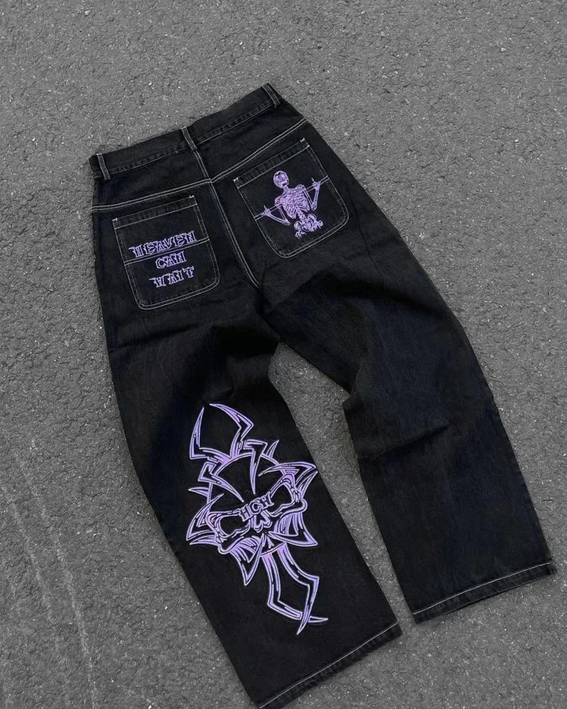american fashion pattern embroidery loose women street y2k new hip hop punk oversized mopping wide leg pants couple casual jeans unique jeans style 3066
