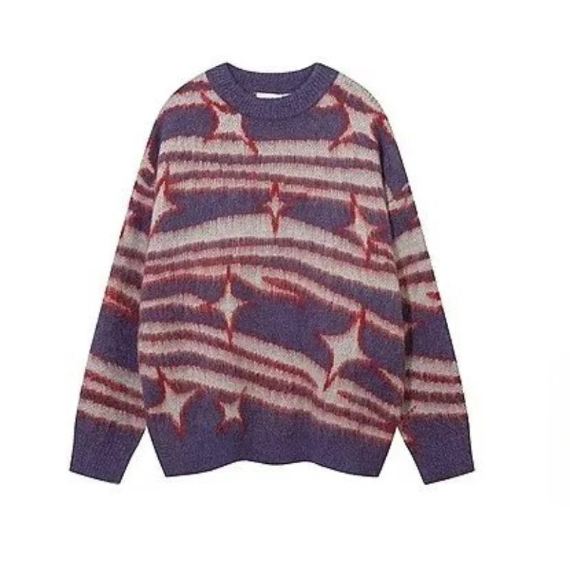 japanese hip hop sweater set men contrast zebra pattern round neck knit top splicing distressed loose jeans 2 pcs harajuku suit unique jeans style 4543