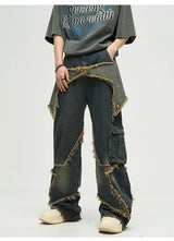 fashion patchwork frayed star denim straight jean pant men casual side pocket y2k trouser unisex hip hop streetwear jeans pants unique jeans style 393