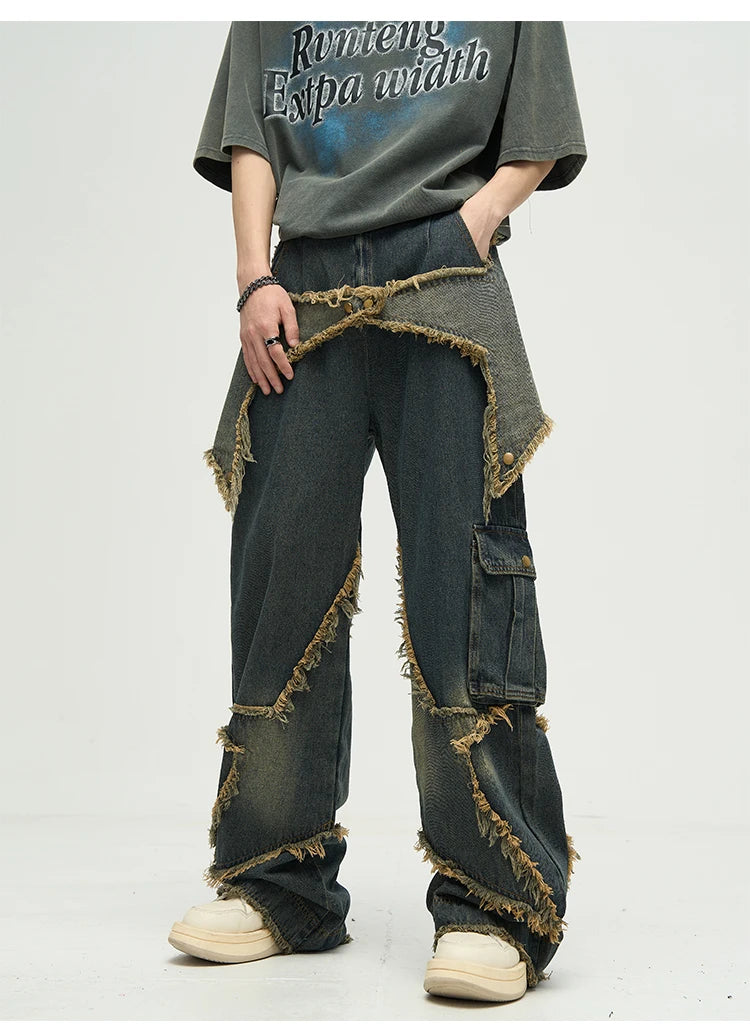 fashion patchwork frayed star denim straight jean pant men casual side pocket y2k trouser unisex hip hop streetwear jeans pants unique jeans style 393