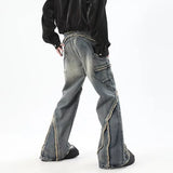 high street jeans mens spring autumn rough edge splicing design trendy denim pants multiple pockets punk cowboy flared trousers unique jeans style 420