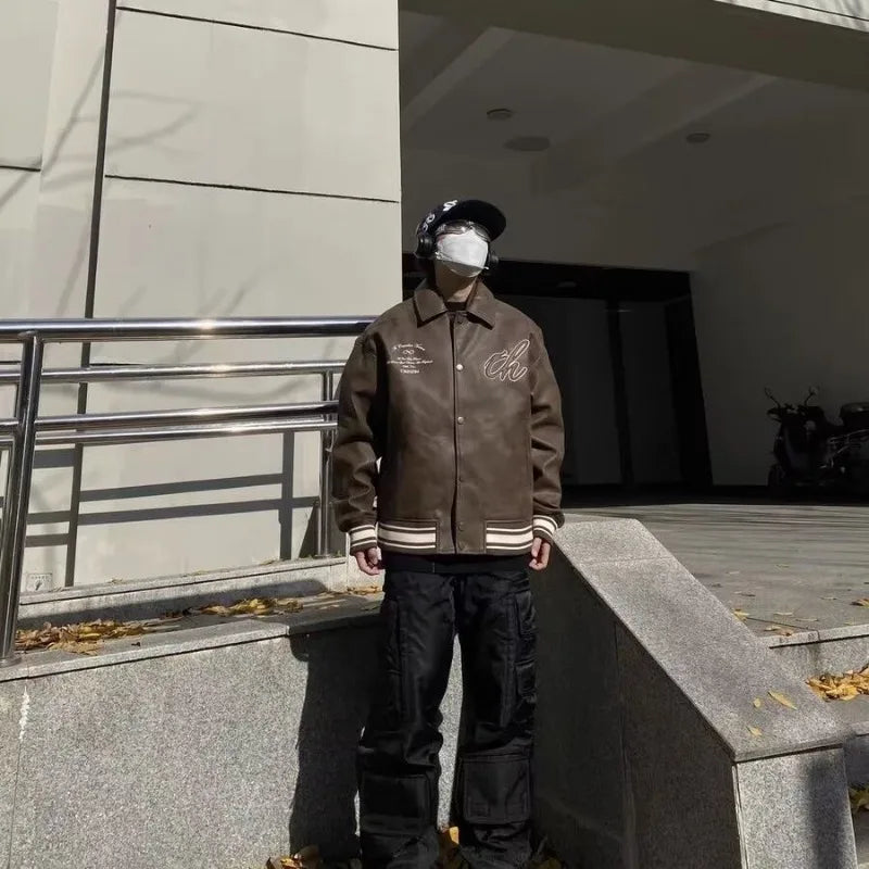 leather varsity jacket, cold weather layer, hip hop