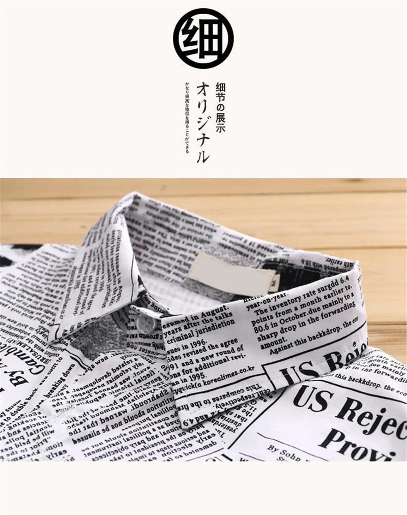 Cool Newspaper Print Shirt Men Gothic Oversize Shirts Japan Funny Shirts Long Sleeve Loose INS Tops Summer Punk Harajuku Shirt