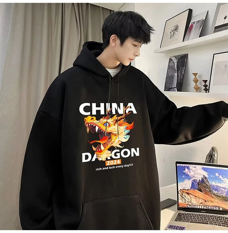 2024 New China Dragon Graphic Hoodies Men Hip Hop Streetwear Hoodie